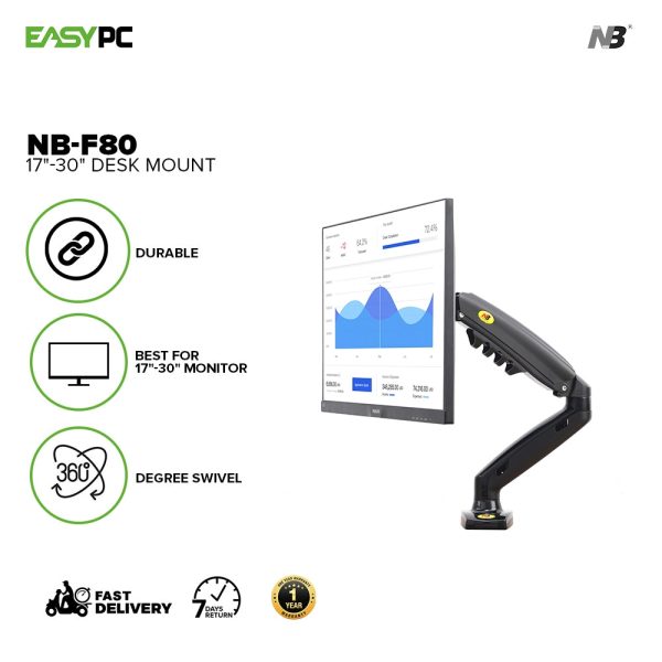 North Bayou NB-F80 17"-30" Desk Mount, flexi- monitor desktop mount is built-in durable Gas-strut. - Image 2