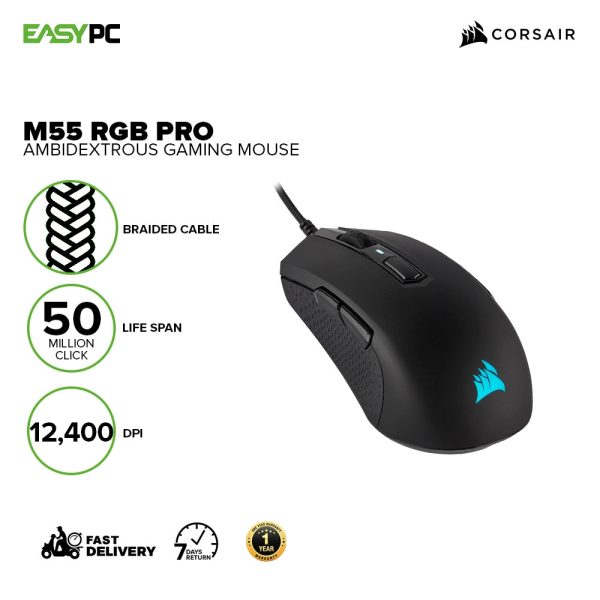 Corsair M55 RGB Pro Ambidextrous Braided Fiber Cable 12400 dpi, Optical Wired Gaming Mouse CS-CH-9308011-AP 7UBE COCS2499 - Image 2