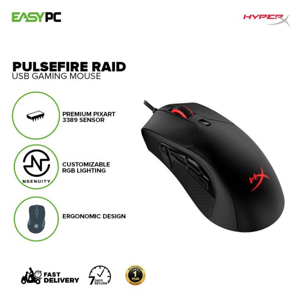 Hyperx Pulsefire Raid, Lightweight 11-button programmable mouse, Customizable RGB lighting, Large skates and flexible braided cable, Multi-platform compatibility Gaming USB Mouse (HX-MC005B) 1ION - Image 2